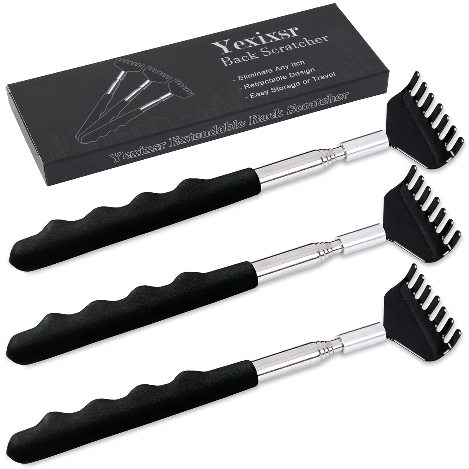 Yexixsr 3 Pack Back Scratcher Extendable Metal Back Scratcher for Men Women Adults, Telescoping Back Massager with Rubber Handles, Christmas Gift Stocking Stuffers