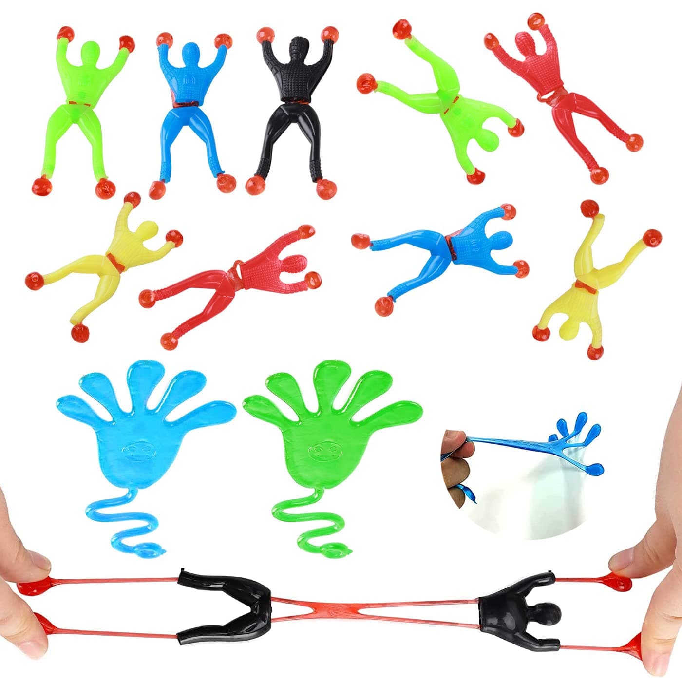 GLLDS 10 Window Crawler Men + 2 Sticky Hands, Multicolored Sticky Wall Sticky Fingers Climbers Rolling Men Novelty Stretchy Sticky Toys for Party Favor (12 Pieces)