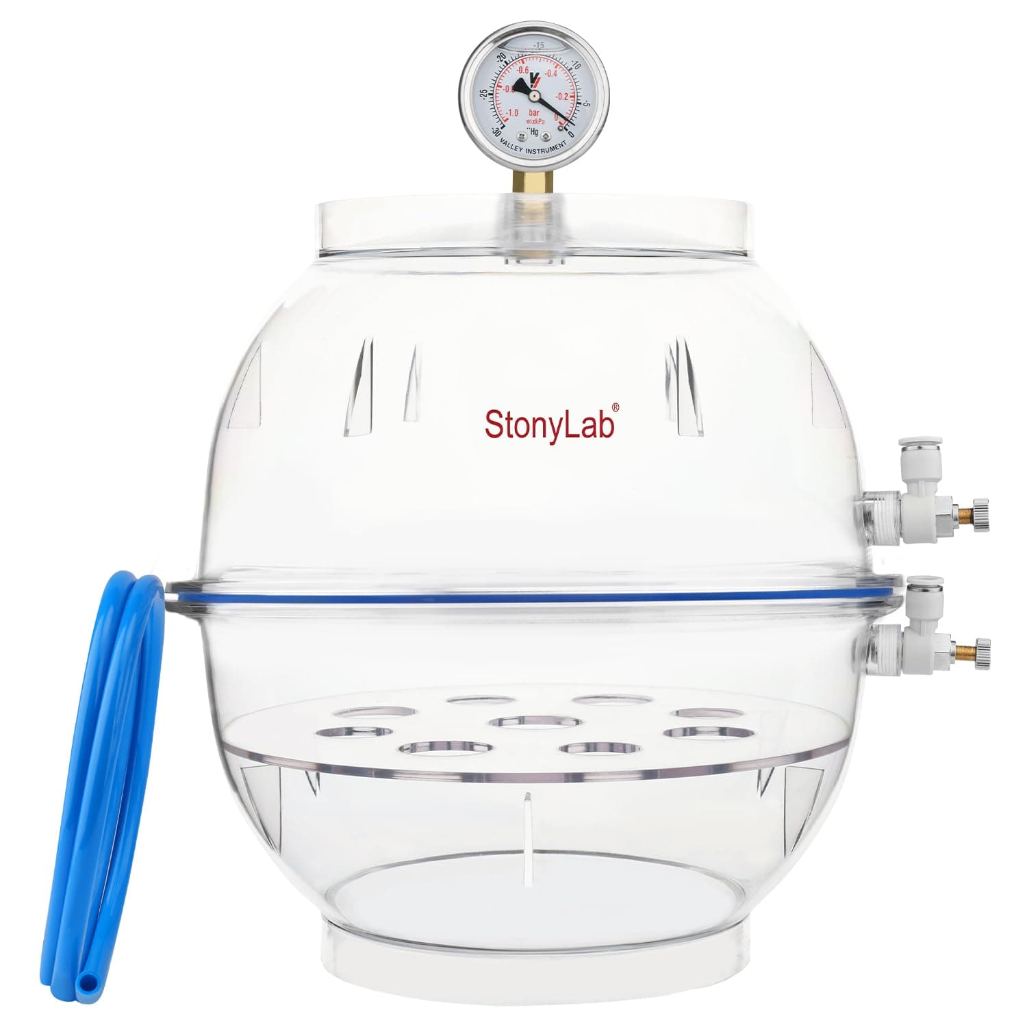 stonylab PC Vacuum Desiccator, Thickened Material for Enhanced Durability, Reliable Silicone Seal, Dual Valve System, Equipped with Vacuum Gauge, 250 mm Diameter, for Laboratory Use
