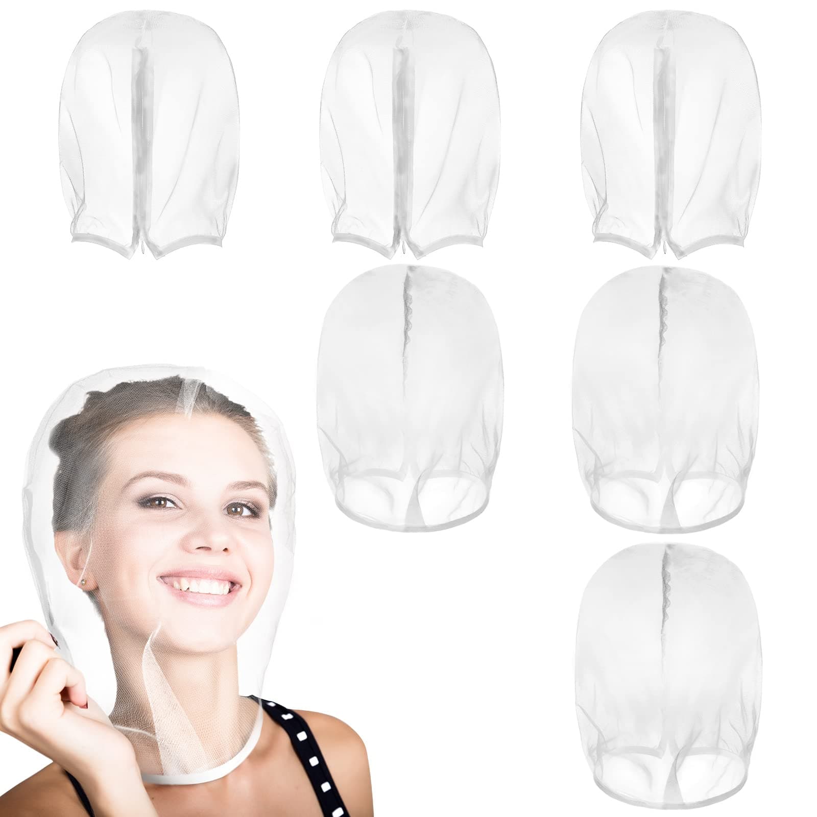 6 Pcs Makeup Protector Hood, Washable Light Airy Nylon Chiffon Face Cover, Protects Hair and Make up While Getting Dressed Zipper Closure Reusable Cosmetic Mask for Women Beauty Wedding(White)