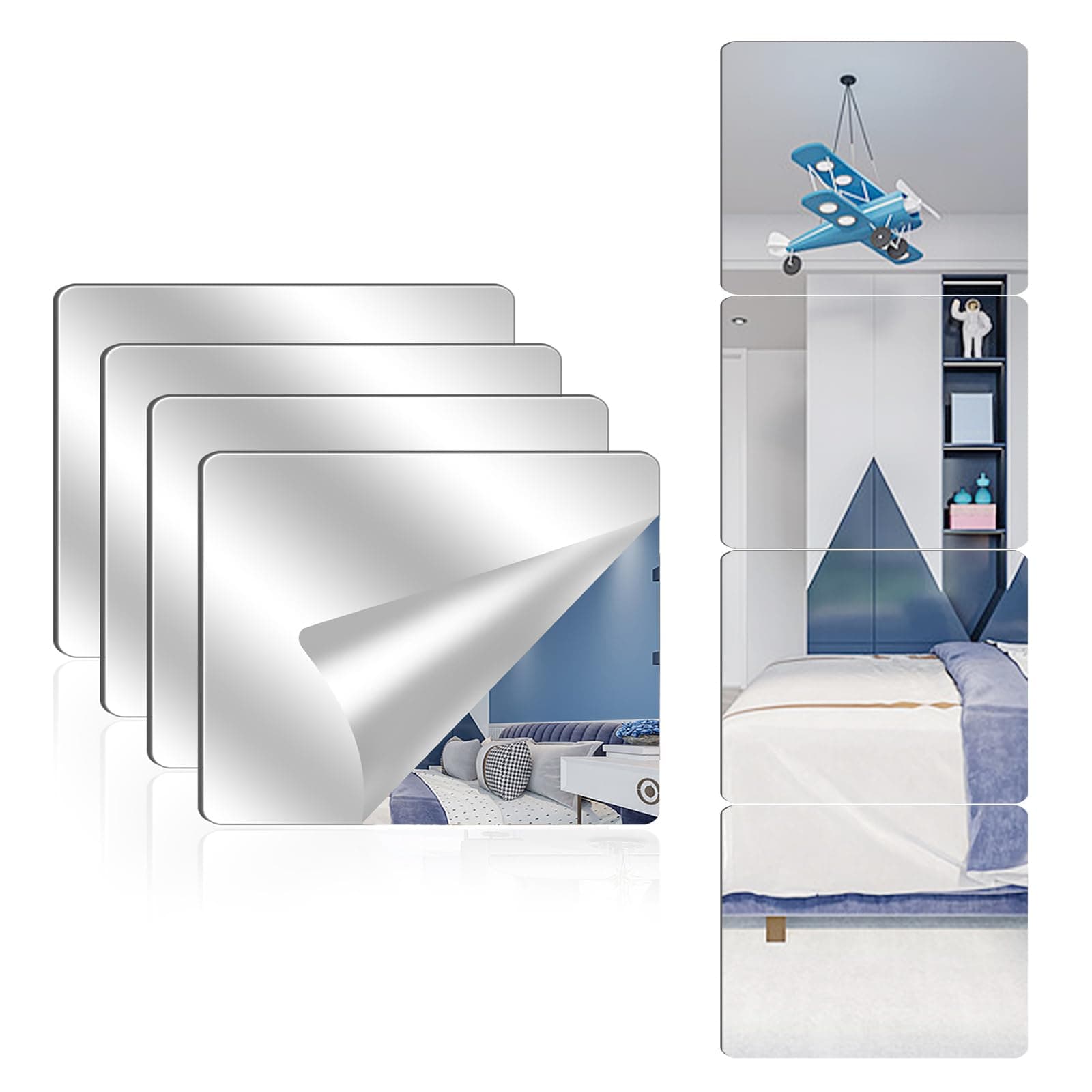 4 Pack Acrylic Mirrors for Wall,8 x 8 Inch Self Adhesive Frameless Small Mirror Tiles, Flexible Plastic Mirror Sheets for Bedroom Home Gym Door (8 * 10 inch)
