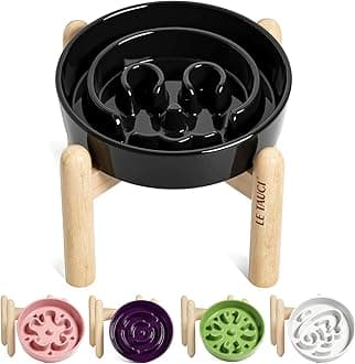 LE TAUCI Ceramic Slow Feeder Dog Bowls Elevated, 0.6 Cups Raised Dog Bowl with Wooden Stand for Small Breed, Pet Dishes to Slow Down Eating, Skull Black