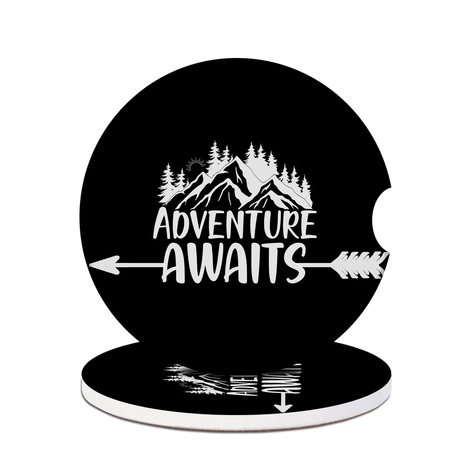 Adventure Awaits Absorbent Ceramic Cup Holder Coasters - 2 Pack, Anti-Slip Car Coasters, Fashion Interior Accessories Drink Coaster for Women & Men