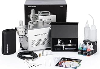 InoKraft Airbrush Kit with Air Compressor- 1/6 HP Quiet Air Compressor, Pro Gravity Airbrush with 3 Tips 0.2, 0.3 & 0.5 mm- Hose, Holder, How-to Guide- Airbrush Paint Set for Model Painting 4 Colors