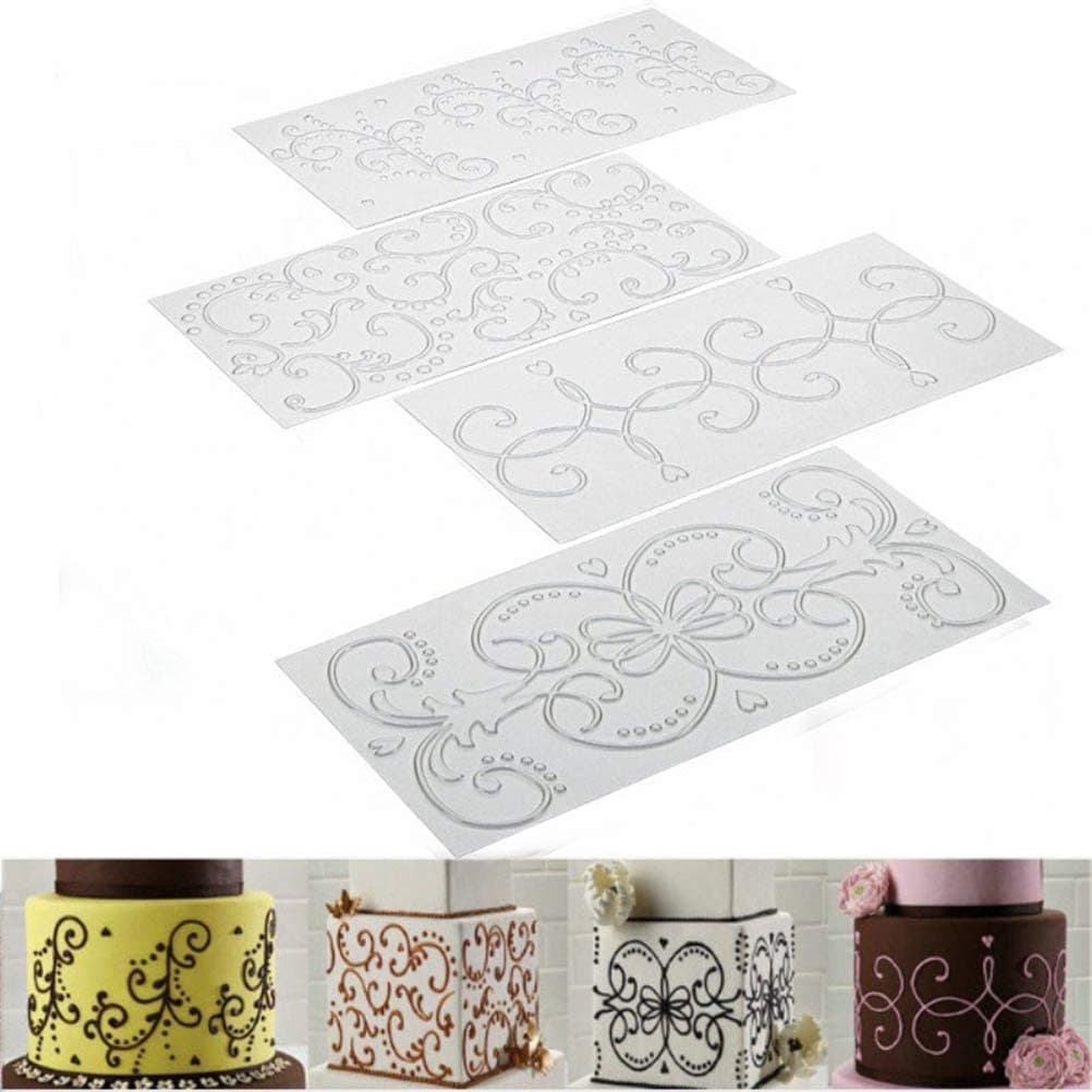 Qingsi 8 Pcs Cake Fondant Impression Mat Mold Different Pattern Embossing Transparent Mold Grid Texture Lace Embossing Mat Cake Fondant Decorating Tool for Wedding Cake Cupcake Decoration