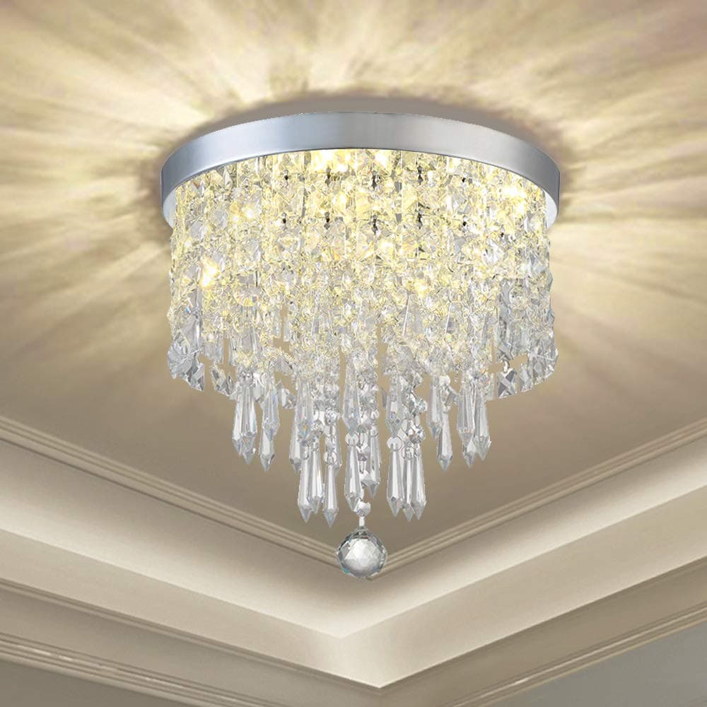 – Modern Elegant Crystal Chandelier Lighting,K9 Ceiling Chandeliers Lights, φ250mm, Beaded Light Shade with Clear Acrylic Jewel Droplets,Flush Mount LED Ceiling Light for Dining Room Bedroom Livingroom