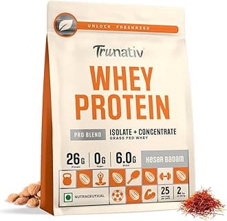 Trunativ Pro Blend Whey Protein Powder Isolate & Concentrate | 100% Light & Clean Protein Powder | 26g Protein | 6g BCAA | 12.52g EAA | No added sugar | Kesar Badam 2lbs (907g)