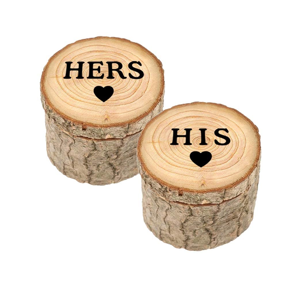 Ruiting Wooden Ring Box 2pcs Printed HERS HIS Rustic Wedding Box Mother's Day White Day Engagement Ring Box