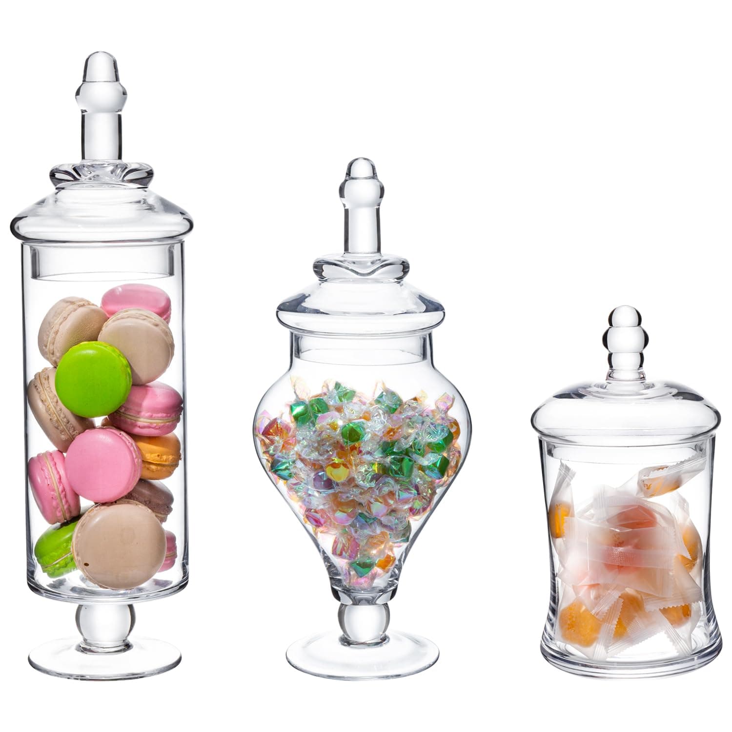 MyGift Clear Glass Apothecary Jars with Lid, Decorative Footed Vase, Candy Buffet Containers Set of 3