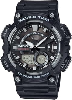 AEQ110BW Series | Men’s Analog-Digital Watch |100M WR | Multi Alarms | 100 SEC Stopwatch | Countdown Timer | World Map for World Time | LED Light | LC Display | 10 Year Battery