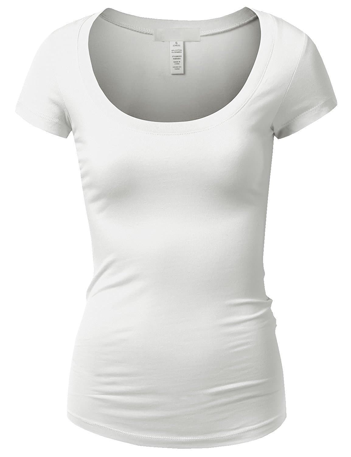 Active Basic Womens Plain Basic Deep Scoop Neck with Cap Short Sleeves, Medium, White
