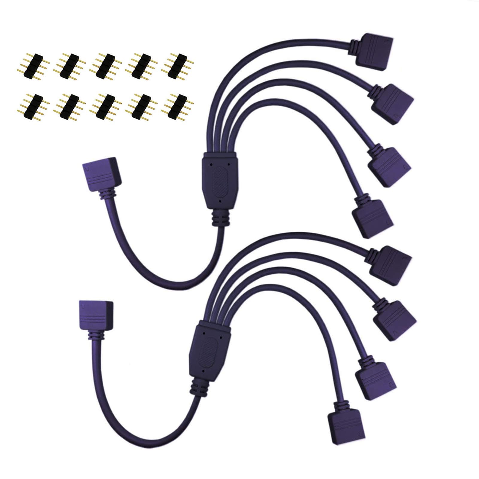 RGBZONE 2 Pack Black 4 Pins LED Splitter Cable Strip Connector 4 Way Y Splitter for 1 to 4 RGB 5050 3528 LED Light Strips with 10x Male 4 Pin Plugs (11.8in/30cm)