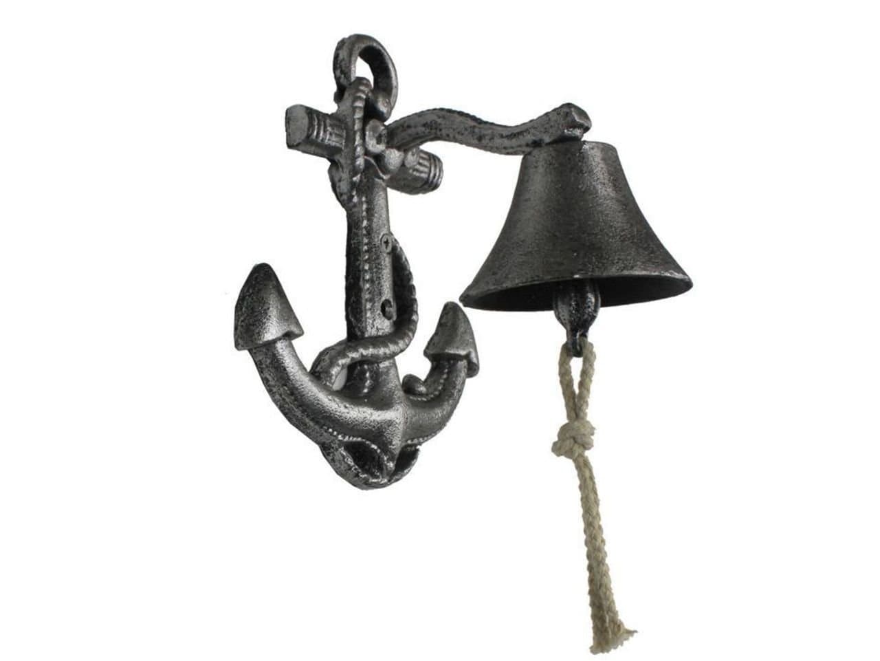 Hampton NauticalRustic Silver Wall Mounted Anchor Hanging Bell 8" - Vintage Cast Iron Decoration - Metal Wall Decor