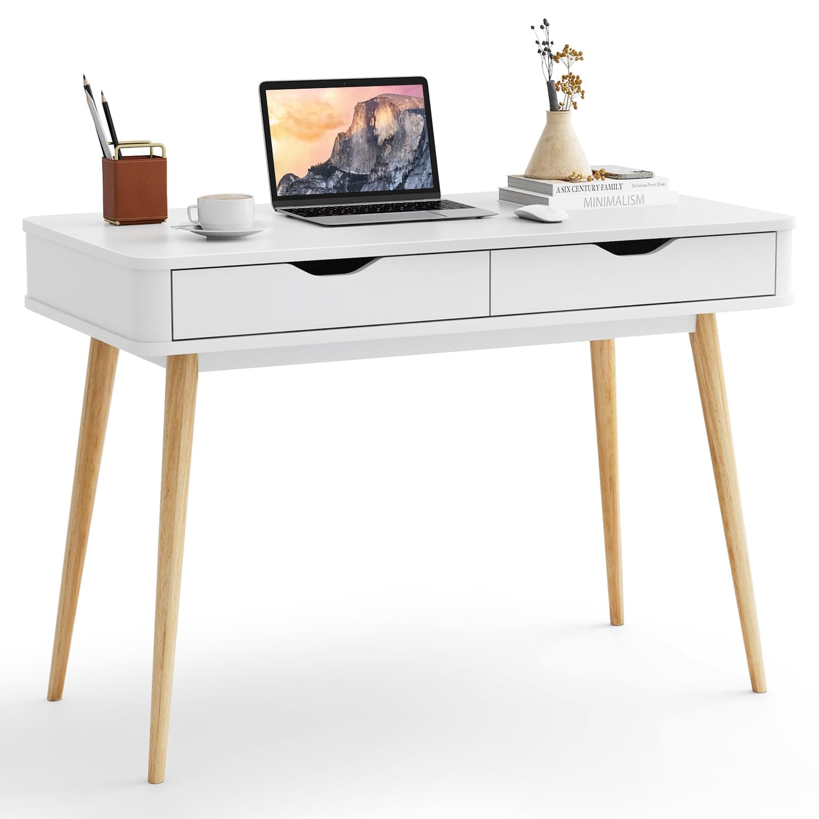 Mid Century Desk with 2 Storage Drawers, Modern Writing Study Desk with Rubber Wood Legs, Versatile Home Office Study Desk for Small Space, Vanity Table for Bedroom (White)