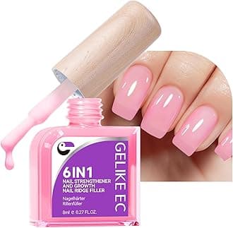 Nail Polish Strengthener and Growth Treatment: Pink Gelike EC 6 in 1 Natural Nail Hardener Extra Strong and Growth - Long Lasting Nail Repair for Damaged Nails - For Daily Work Home Salon