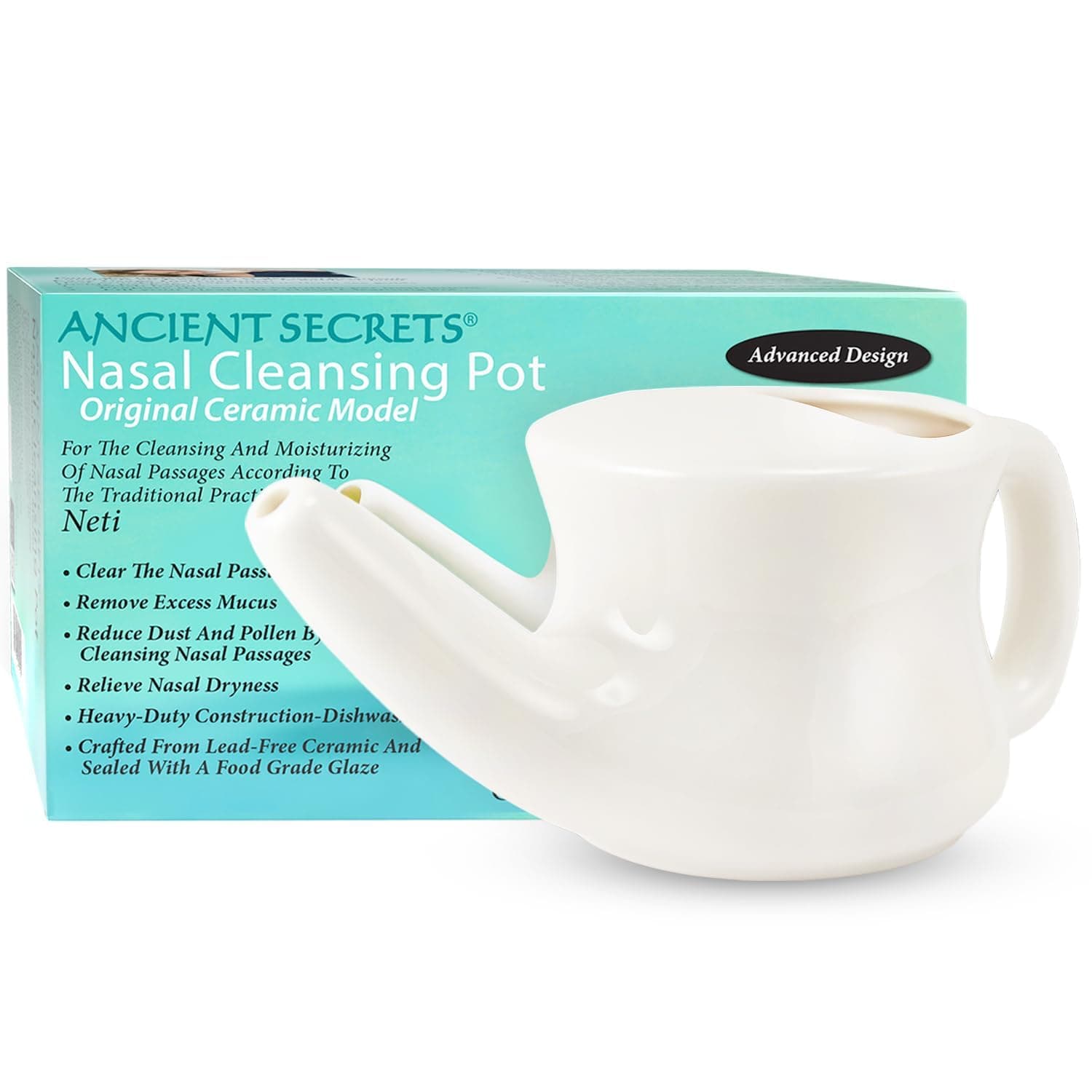 ANCIENT SECRETS Neti Pot Sinus Rinse + Pre-Measured Cleansing Salt Pack – Dishwasher-Safe Ceramic Model, Patented Ergonomic No-Leak Design, Nasal Cleansing Pot, Nasal Irrigation