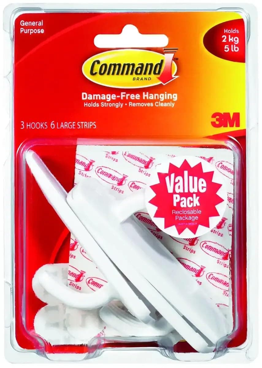 Command Large Plastic Utility Hook, White, 3-Hooks, 6-Strips (17003-3ES)