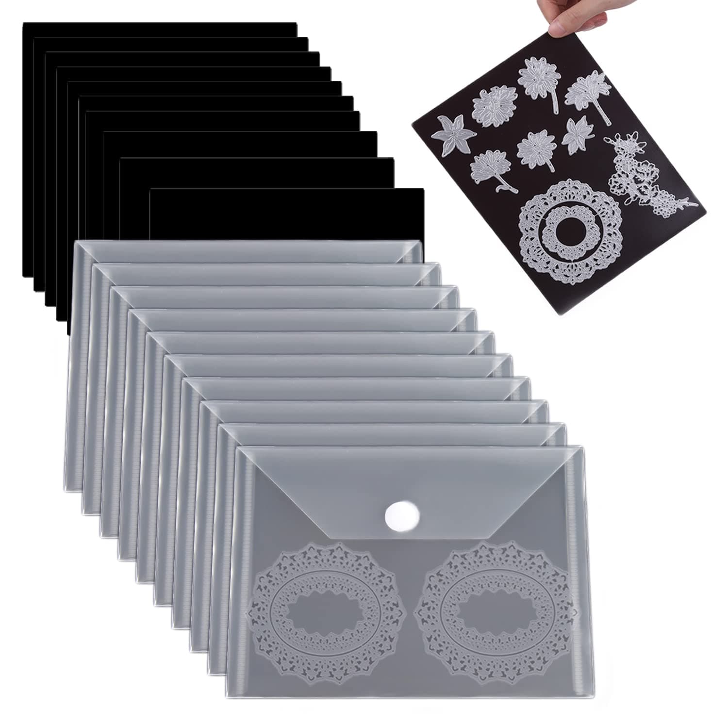 20Pcs/Set 10 Rubber Magnetic Sheets 0.5mm Thickness with 10 Clear Stamp Die Storage Pockets Resealable Plastic Storage Pocket Large Envelope Case Cutting Dies Stencil Organizer forCard Making