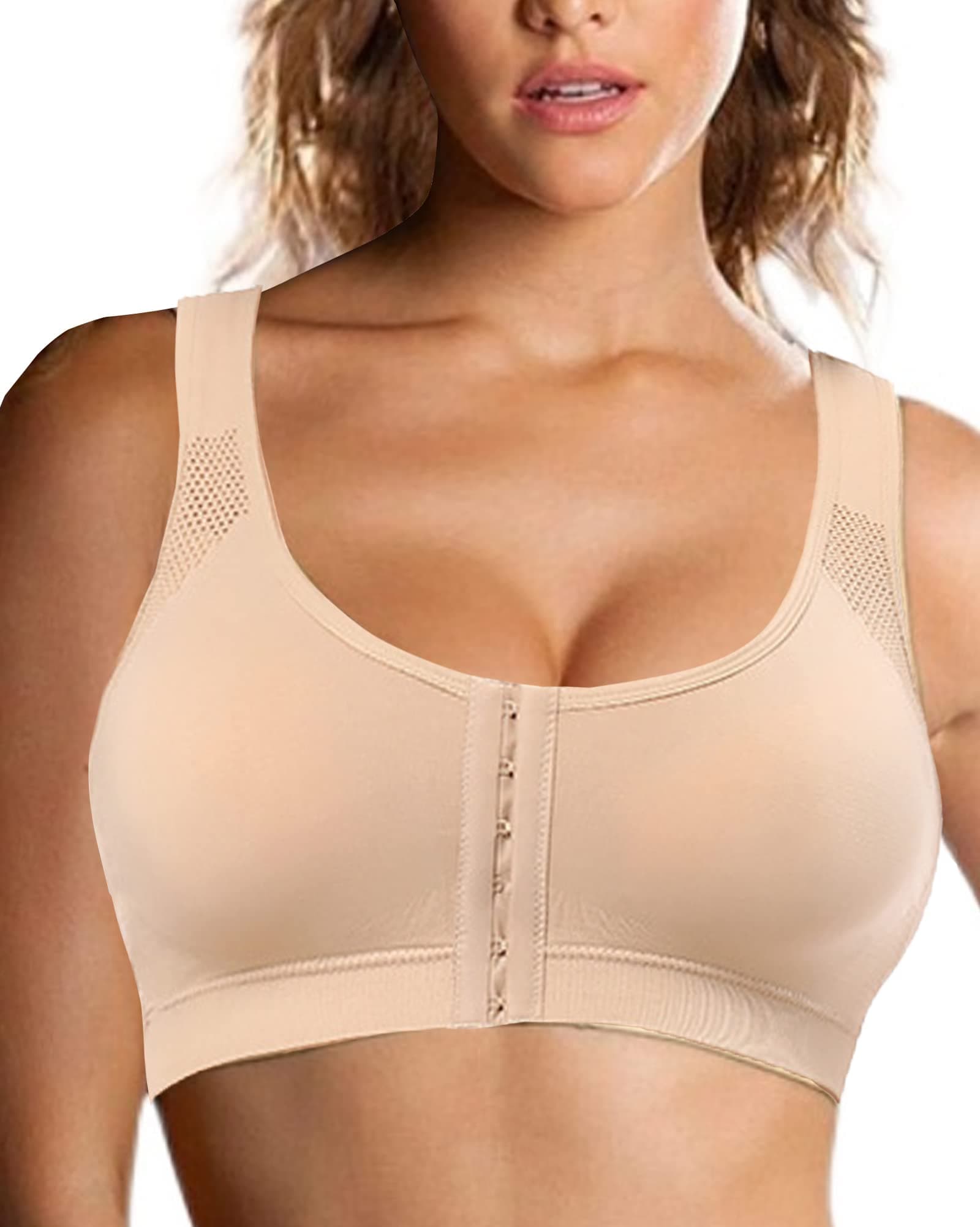 Post Surgery Front Closure Bra With Breast Augmentation Support - Post Op Sports Wear for Women (Large, Nude)