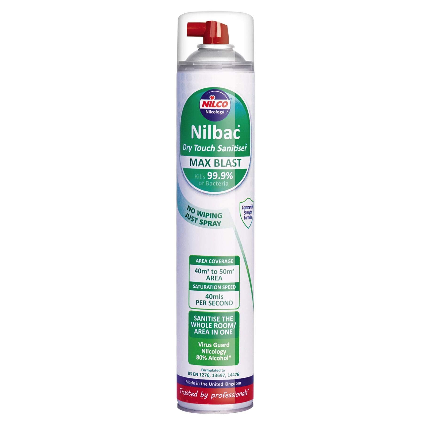 – Nilbac Max Blast - Whole Room Sanitiser kills 99.9% of Bacteria - Dry Touch 750ml Aerosol