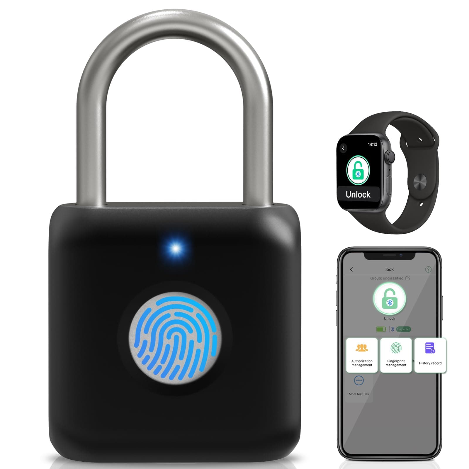 Fingerprint Padlock, Padlock, Locker Lock, Combination Lock, Fingerprint Lock with APP Unlock, USB Rechargeable, Suitable for Gym Locker, Gate, Door, Locker(Black)