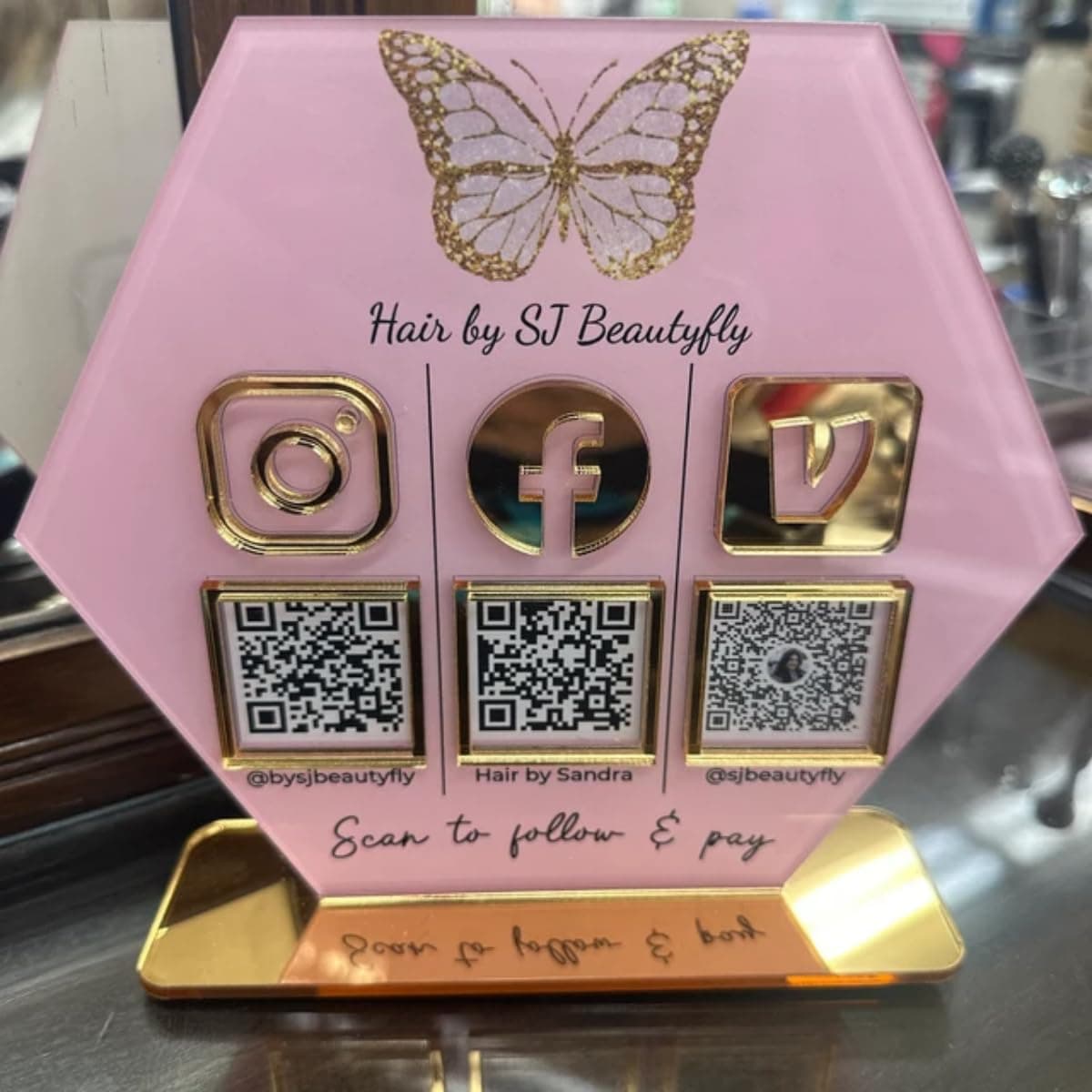 3D Hexagon QR Code Signs for Personalized Business Acrylic Custom Multi Social Media Sign Scan to Pay Payment Instagram Venmo Cashapp Zelle Logo Plaque Stand Beauty Salon Decor