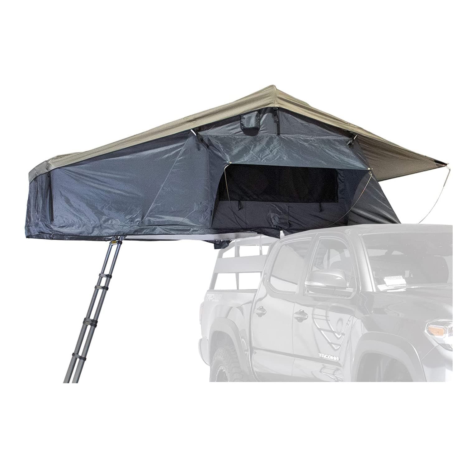 Overland Vehicle Systems HD Nomadic 3 Extended Soft Shell Roof Top Tent - Dark Gray Base with Green Rain Fly & Black 1000G PVC Travel Cover - Black Aluminum Base