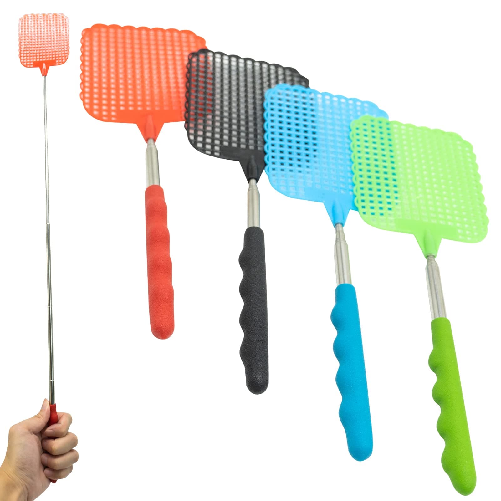 4 Pack Extendable Fly Swatter Lightweight Manual Swat Pest Control with Adjustable Stainless Steel Telescopic Handle