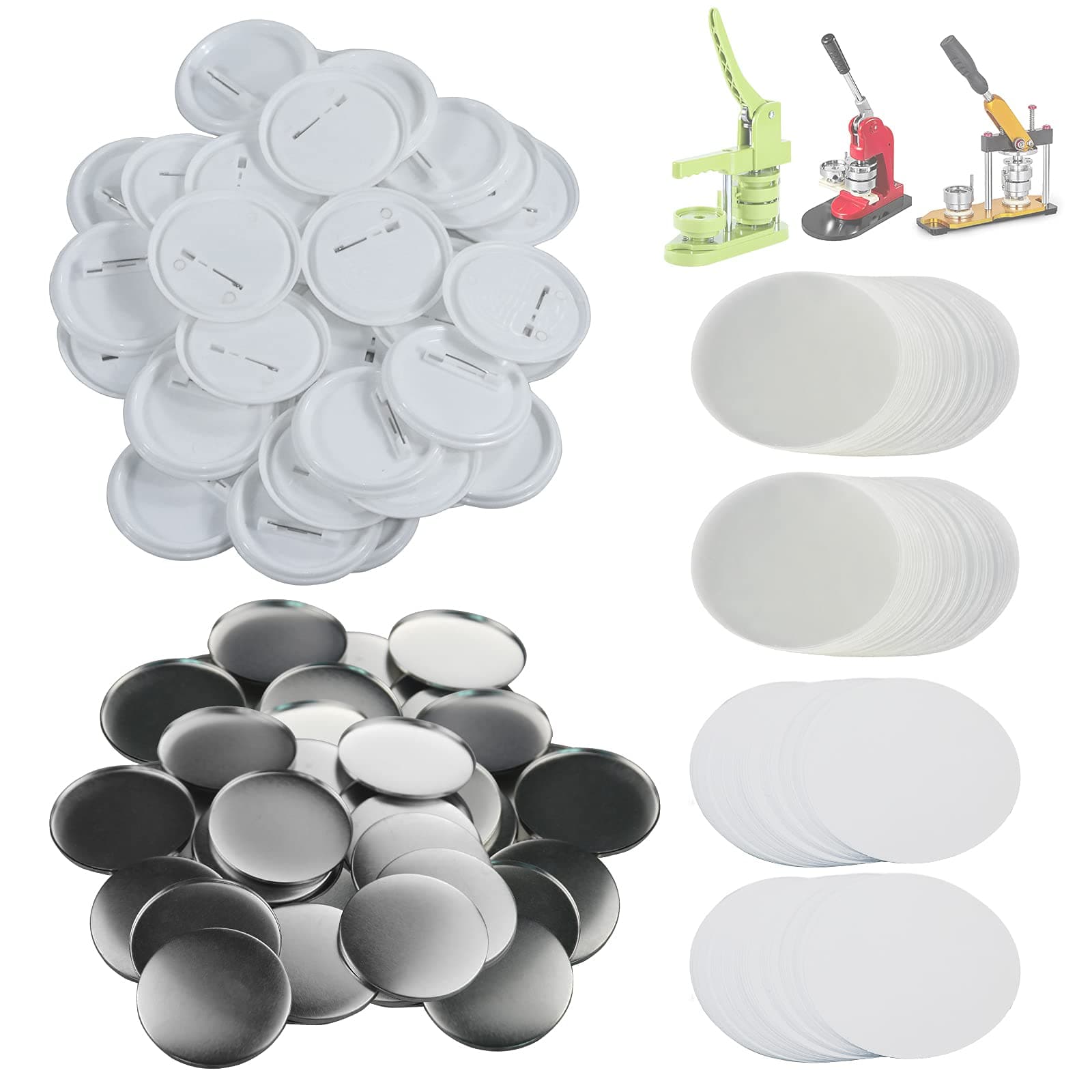 200 Sets 58mm(2.25 in) Blank Pin Back Buttons Parts for Button Maker Machine 58mm, Round Badge Making Supplies, Includes Metal Cover, Plastic Button Back Cover, Clear Film&Blank Paper