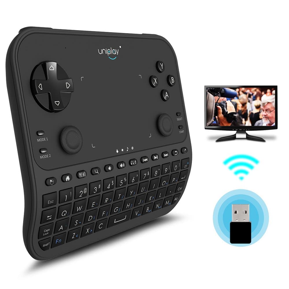 Uniplay 2.4G Newest Wireless Mini Keyboard with Touchpad and Mouse TV Remote Control Wireless Game Controller Gamepad for Android TV Box Computer Notebook Windows Replacement Stick Amazon Fire Box