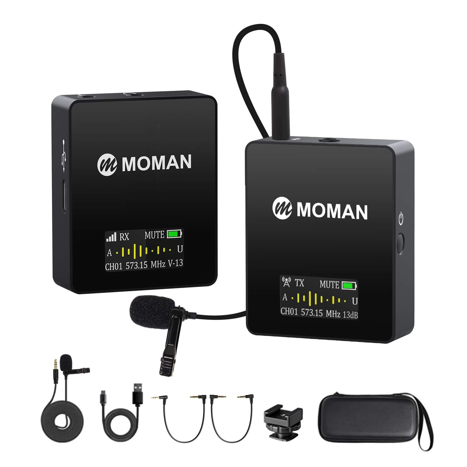 Moman C1 Professional UHF Wireless Lavalier Microphone System, 36 Channel Lapel Mic, 230ft OLED Screen, Compatible with DSLR/Mirrorless Camera/Smartphone/Camcorder/Audio Recorder