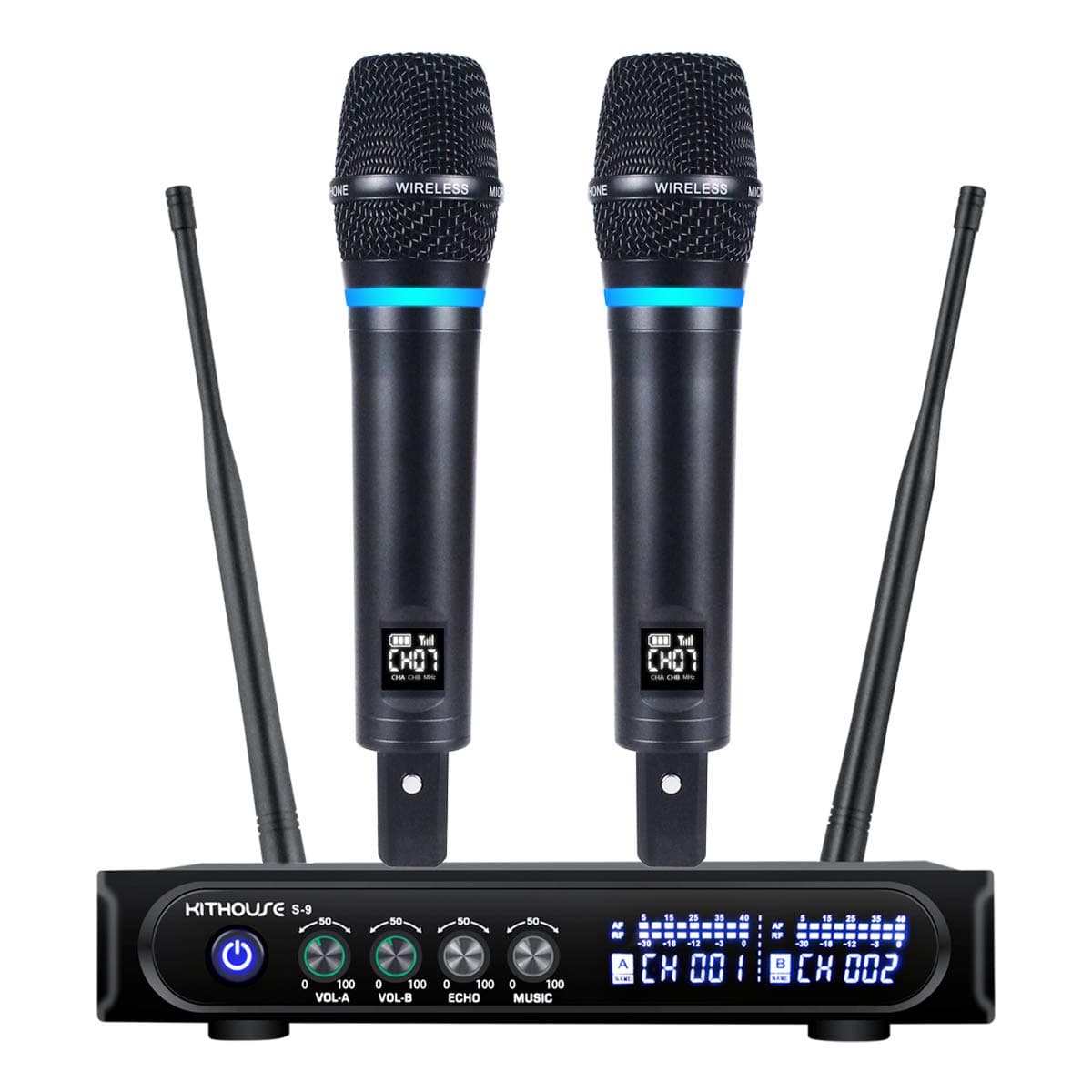 S9 UHF Rechargeable Wireless Microphone System Karaoke Microphone Wireless Mic Cordless Dual with Bluetooth Receiver Box + Volume Control ECHO for Karaoke Singing Speech Meeting Church, 200FT