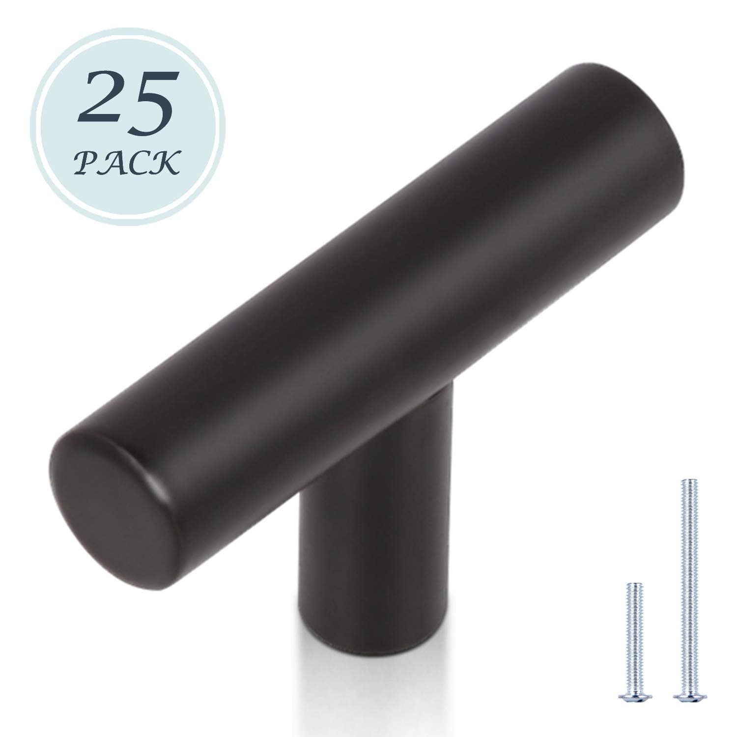 KNOBWELL 25 Pack Black Knobs for Cabinet, T-Shape Single Hole 2 inch (50mm) Matte Black Cabinet Handles and Dresser Drawer Knobs