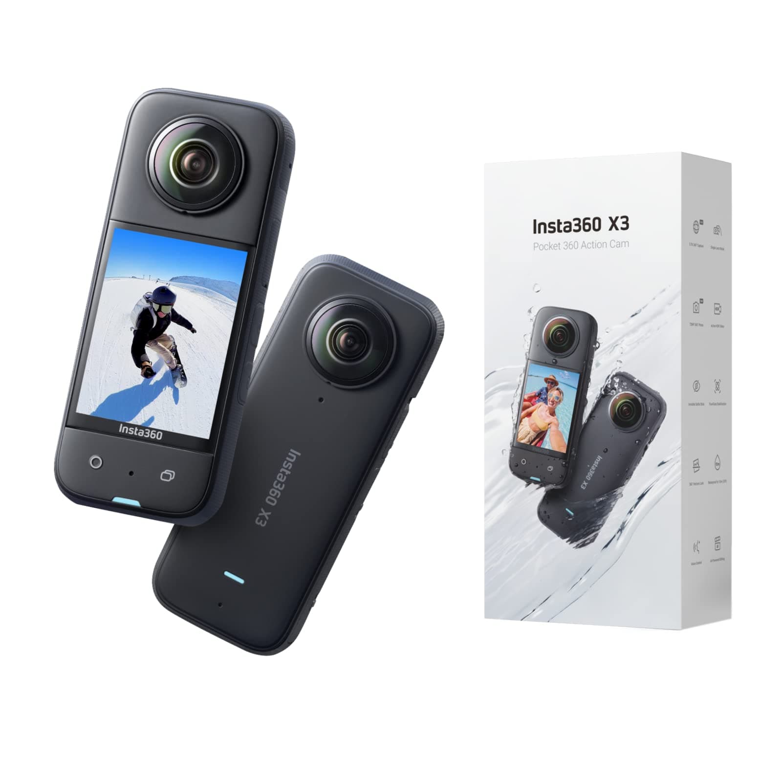 Insta360 X3 Waterproof 360 Action Camera, 1/2" 48MP Sensor, 5.7K 360 Active HDR Video 72MP 360 Photo, 4K Single-Lens, 60fps Me Mode, Stabilization, 2.29" Touchscreen, AI Editing, Live Stream (Renewed)
