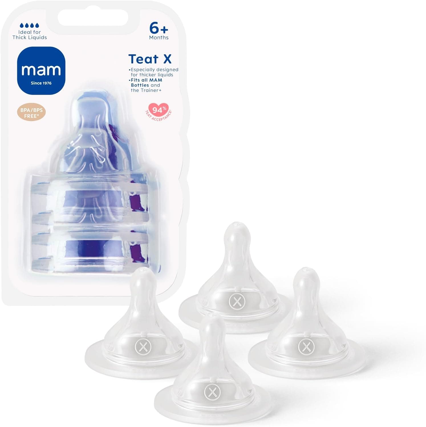 Teats Size X | 4 Pack | Designed for Thicker Liquids | Suitable from 6+ Months | Fits All MAM Bottles | Made with SkinSoft Silicone | Baby Accessories