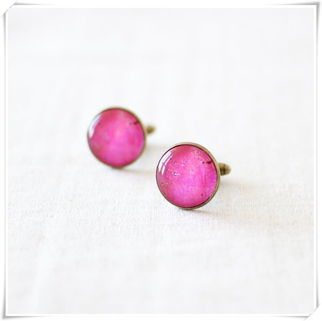 Faux Raw Ruby Stone Cufflinks. Ruby Pink Round Cufflinks.