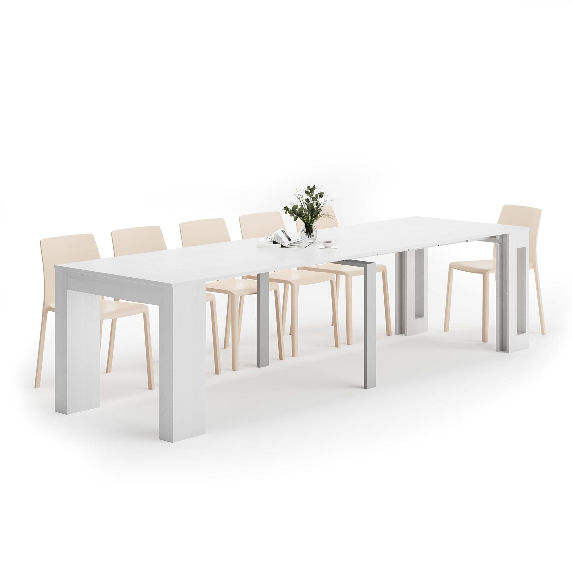 Mobili Fiver, Easy, Extendable Console Table with extension leaves holder, 45(305) x 90 cm, White, Made In Italy