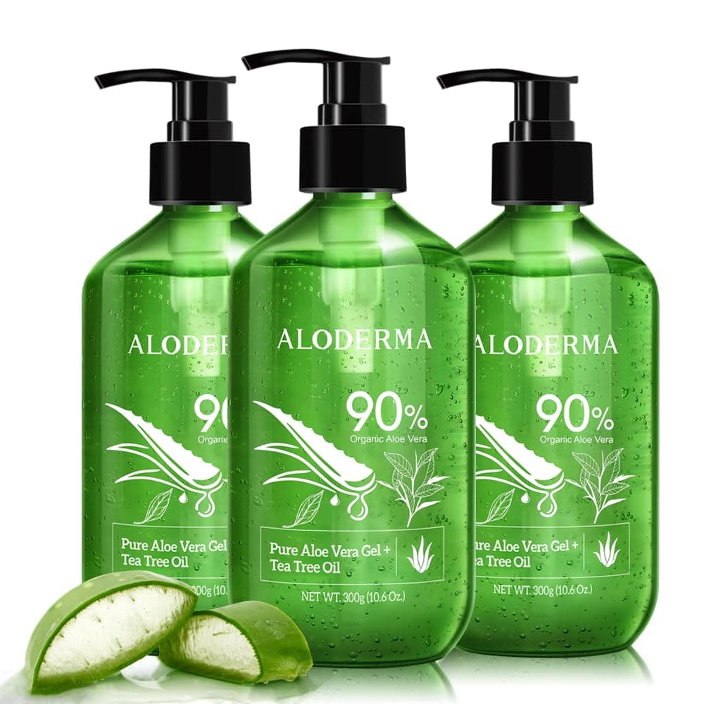 Aloderma Aloe Vera Gel + Tea Tree Oil, Made with Refreshing Organic Aloe for After Sun Skin Care, Multipurpose Use for Hair and Scalp, and Face or as a Shaving Gel or Aftershave - 10.6Oz x 3btls