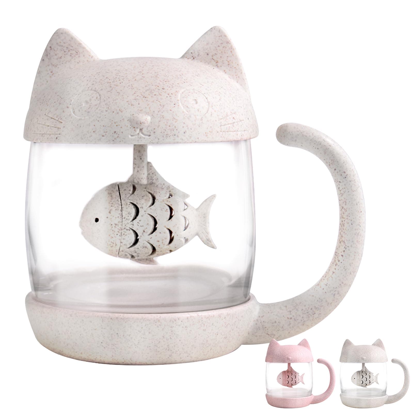 Cute Cat Mug Glass Tea Mug Cup with Fish Tea Infuser Strainer Filter, Kawaii Funny Cool Personalised Mug Christmas Birthday Gifts for Women Girl Her Teacher Friend Mother's Day Halloween 250ML (8OZ)