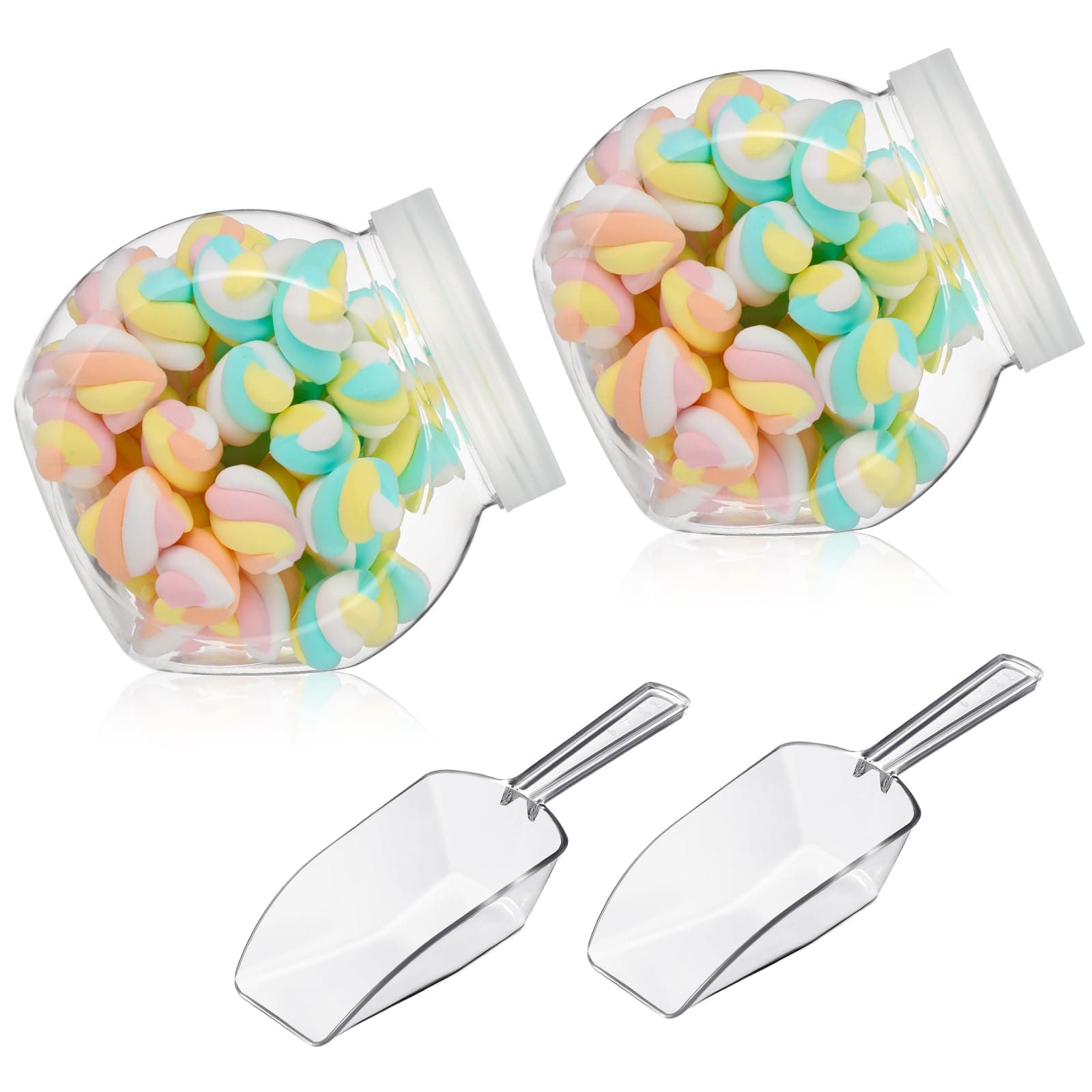 Umigy 2 Sets Clear Plastic Candy Jars with Lids and Scoops, 42 oz Clear Cookie Jars for Candy Pantry Buffet Kitchen Home Party Wedding Airtight Storage Containers Organize Sugar Tea Coffee Snacks