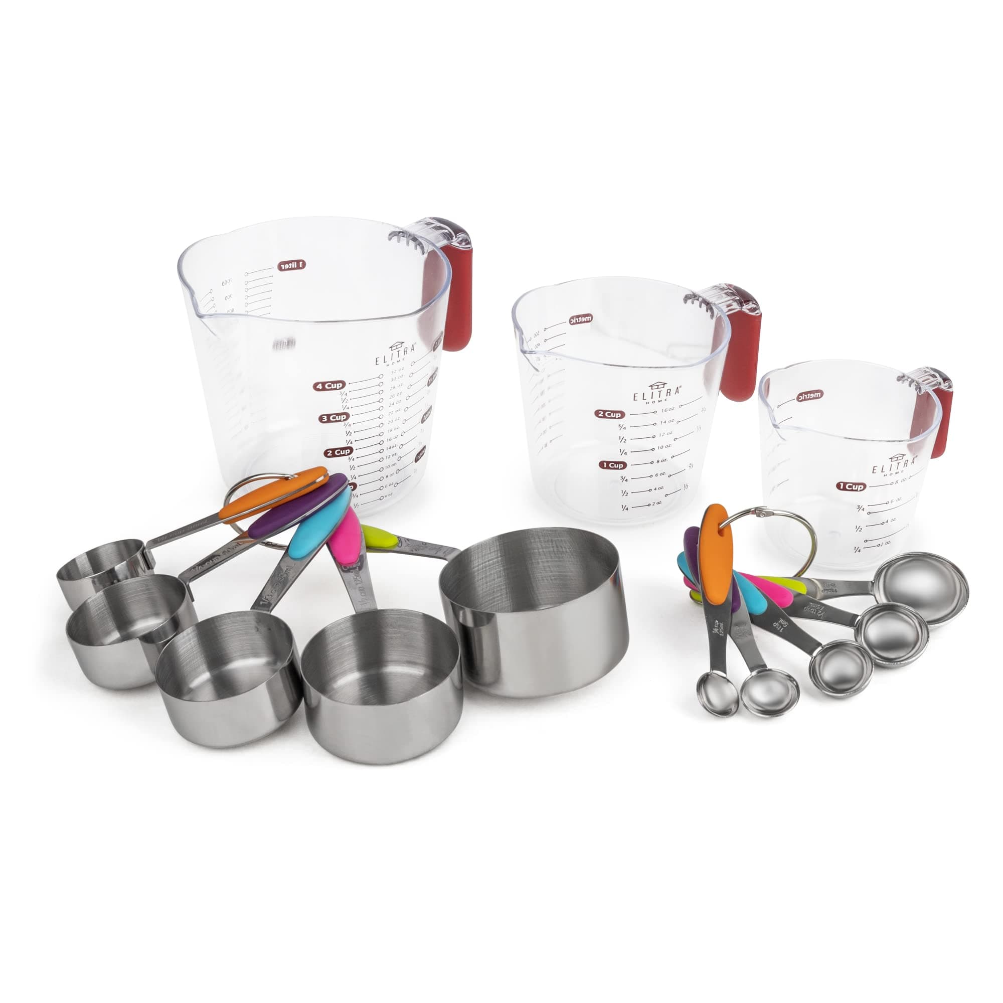 Measuring Cups and Spoons Set 13 Piece. Includes 10 Stainless Steel Measuring Spoons and 3 Plastic Measuring Cup
