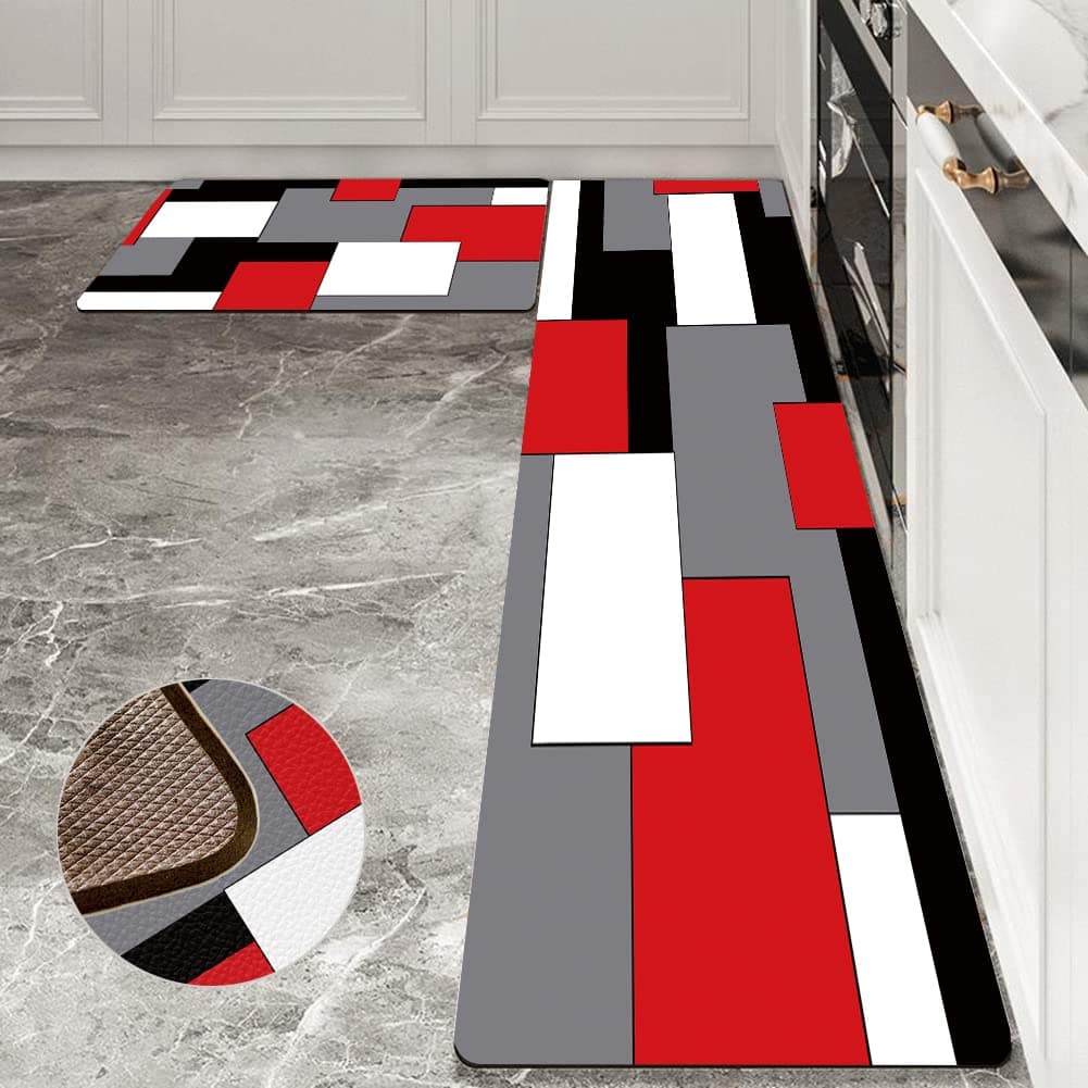 Black,White,Red and Grey Kitchen Rug Set 2 Piece Abstract Geometric Art Cushioned Abstract Modern Mats for Laundry (Geometric Art, 17.5"x29.5"+17.5"x47")