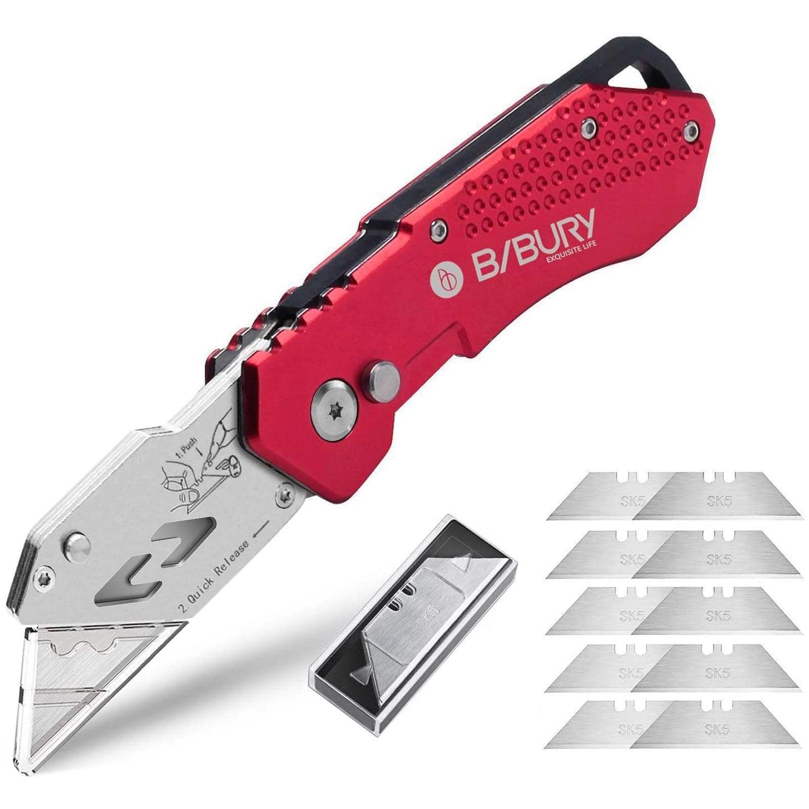 Bibury Utility Knife, Upgraded Version Heavy Duty Box Cutter, Pocket Carpet knife with 10 Replaceable SK5 Stainless Steel Blades, Belt Clip, Easy Release Button, Quick Change and Safety Lock-Red