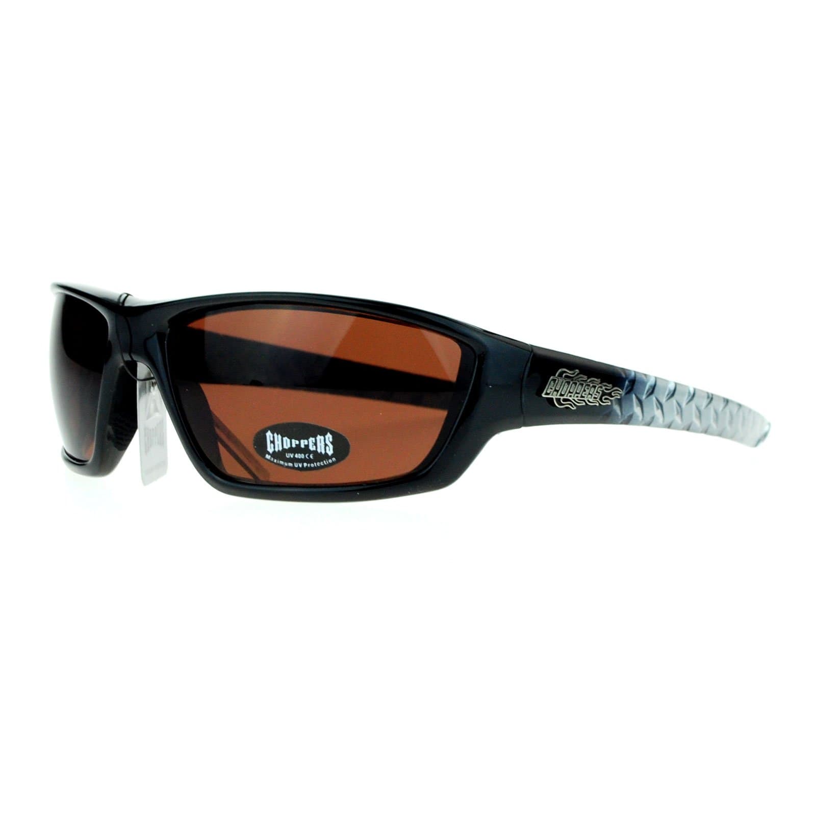 Choppers Steel Diamond Plate Arm Rectangular Warp Motorcycle Sunglasses Black Silver Brown