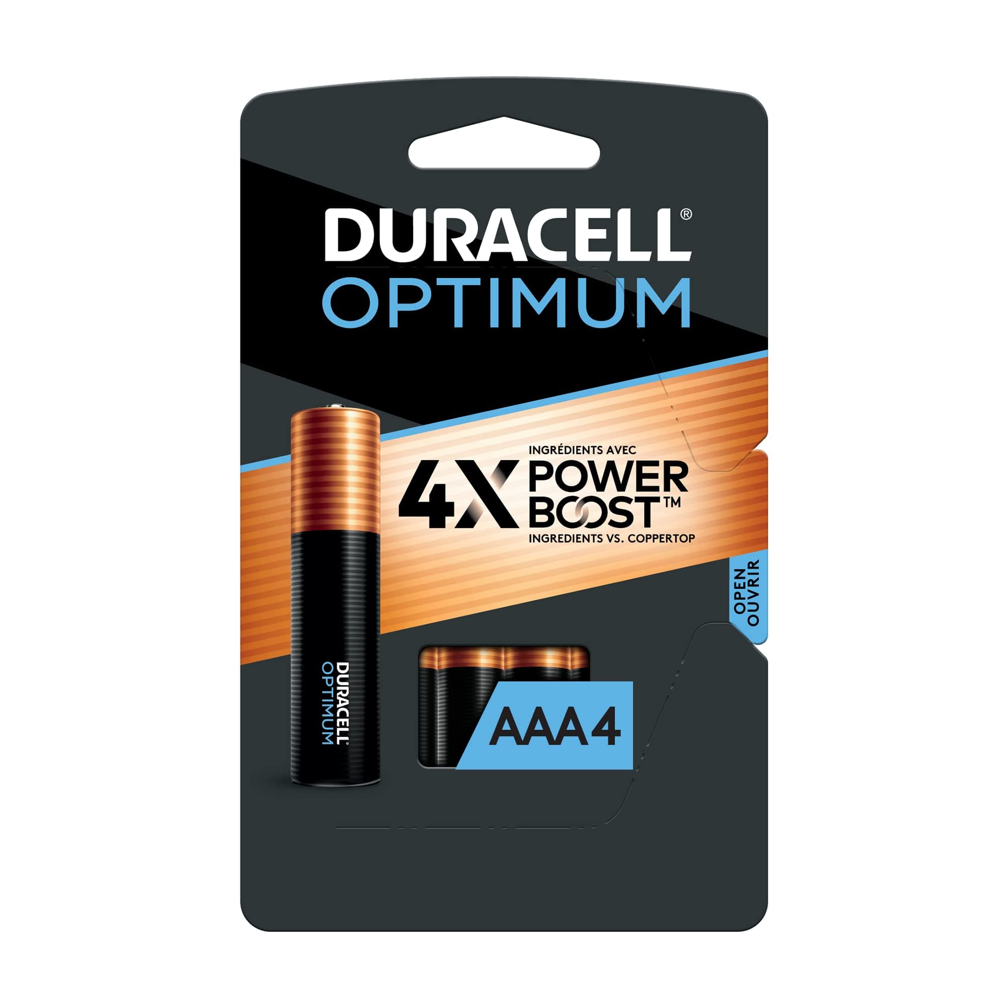 Duracell Optimum AAA Batteries with 4x Power Boost Ingredients, 4 Count (Pack of 1), Triple A Battery with Long-lasting Power, Alkaline AaA Battery for Household and office devices