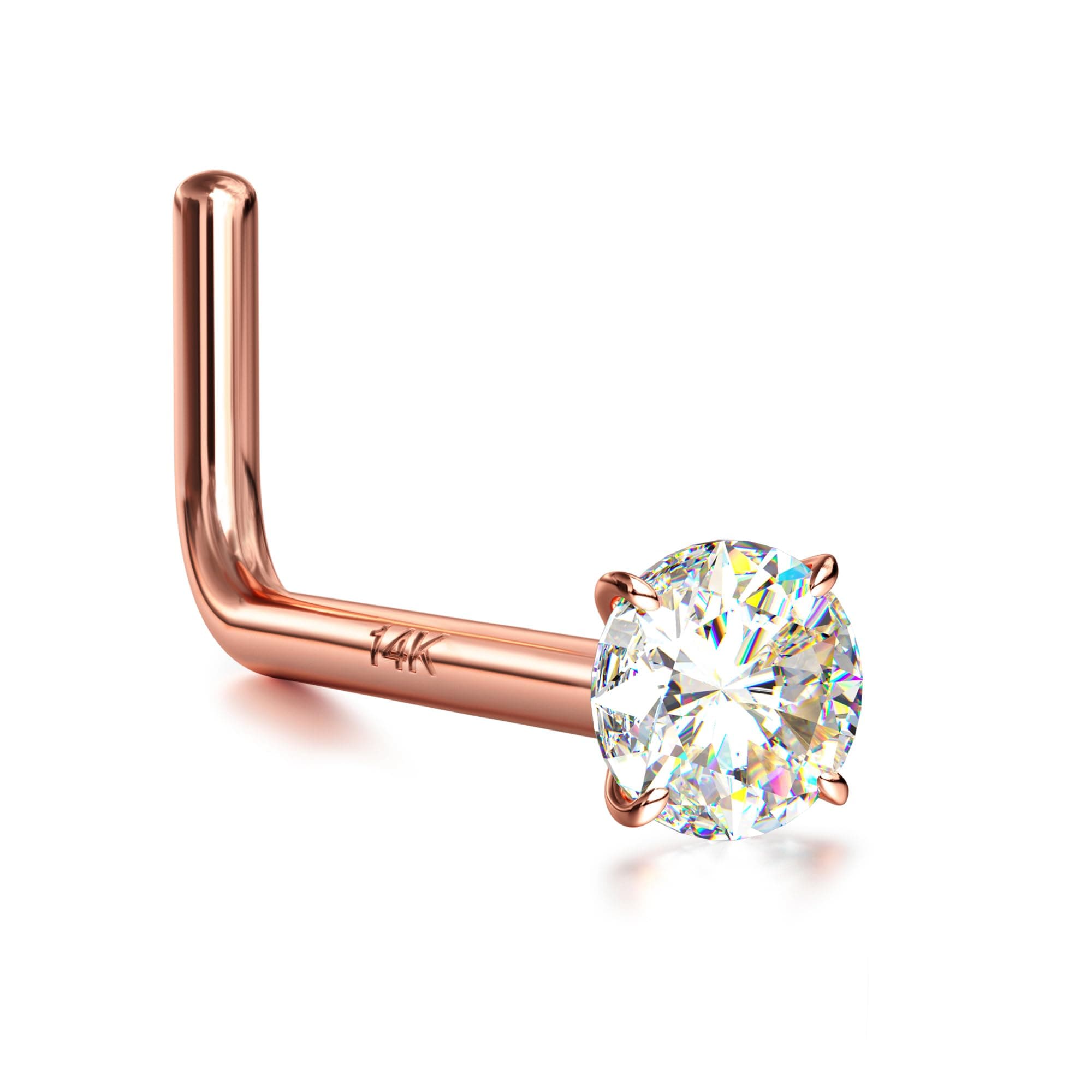 14K Real Gold Nose Studs, 18G 20G Solid Gold L Shaped Nose Rings, Simulated Diamond CZ Hypoallergenic Nose Piercings for Women Men 1.5 2 3MM