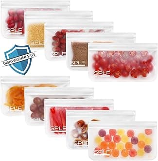 SPLF 10 Pack Dishwasher Safe Reusable Snack Bags, BPA Free Reusable Food Storage Freezer Bags Leakproof Silicone and Plastic Free Lunch Bags Fridge Home Organization