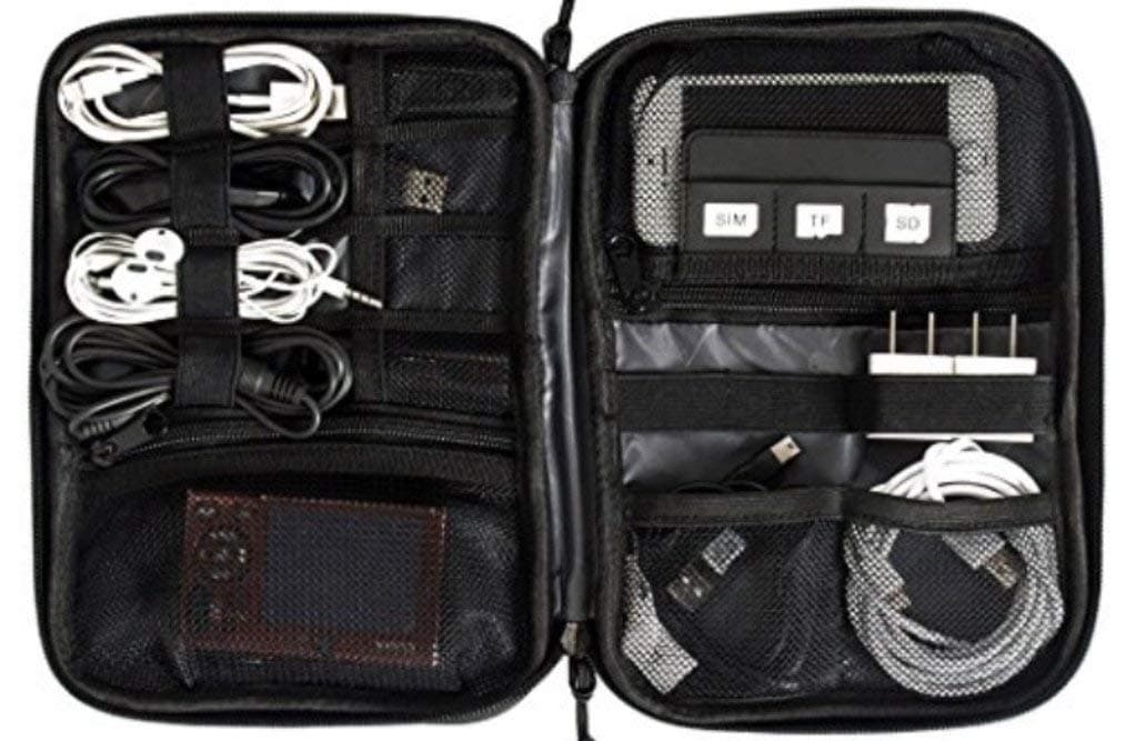 Leather Zippered Organizer Travel Folder Case Cable Organizer Electronics Accessories Case for Chargers USB Cables Earphones Mobile Brown