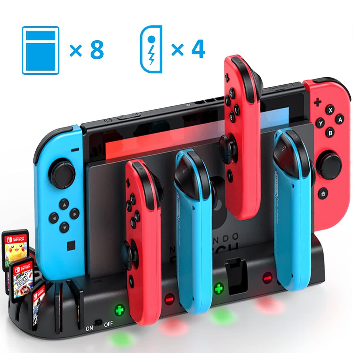 Switch Controller Charger Dock Station Compatible with Nintendo Switch Accessories & OLED Model Joycons, KDD Joycon Charging Dock Station with Upgraded 8 Game Storages, Game Accessories