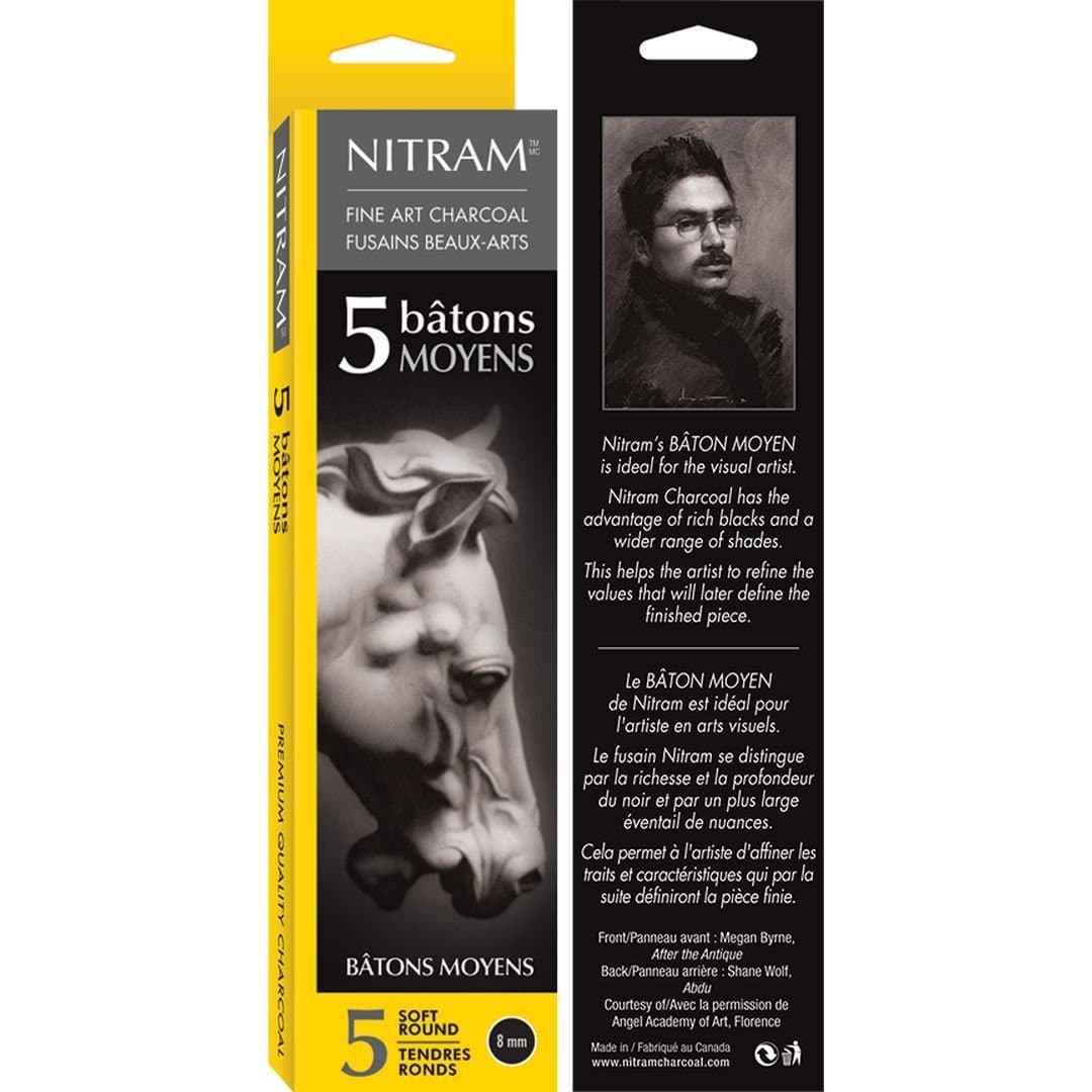 NITRAM Batons Moyens - Extra Soft - B+ - Box of 5 Extra Soft Natural Charcoal Sticks - Round - 8 mm Diameter x 15 cm